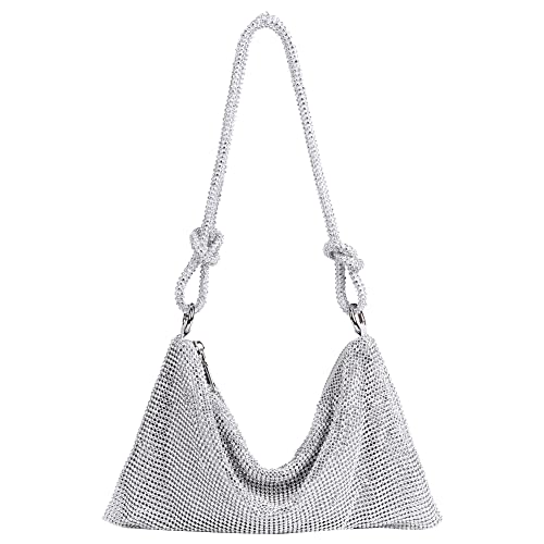 Damen Handtasche mit Glänzenden Strasssteinen, Damen Clutch Silber Abendtasche, Diamant Strass Umhängetasche klein, Schultertasche Kette Tasche für Hochzeit Party Disko von GSenhui