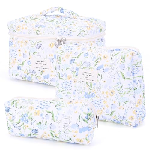 GSenhui 3pcs Kosmetiktasche Damen Gesteppte Kulturtasche Set Make Up Tasche mit Blumenmuster, Kulturbeutel Wasserdicht Tragbare Schminktasche Cute Cosmetic Bag für Mädchen von GSenhui