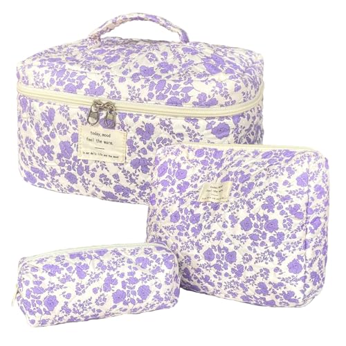 GSenhui 3pcs Kosmetiktasche Damen Gesteppte Kulturtasche Set Make up Bag Aesthetic Cosmetic Bag Blumen Tragbare Schminktasche mit Blumenmuster Kulturbeutel für Mädchen Frauen von GSenhui
