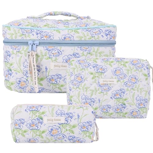 GSenhui 3pcs Kosmetiktasche Damen Reise, Kulturbeutel Set Damen Gesteppte Kulturtasche mit Blumenmuster, Make up Bag Aesthetic Blumen Schminktasche Cosmetic Bag für Frauen Mädchen von GSenhui