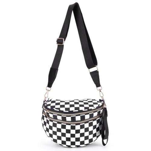 GSenhui Bauchtasche Damen Groß Karierte Crossbody Bag Checkered Gürteltasche Nylon Schachbrett Umhängetasche Breiter Gurt Plaid Crossbag Schwarz von GSenhui