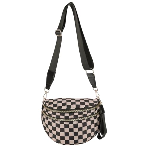 GSenhui Bauchtasche Damen Groß Karierte Crossbody Bag Checkered Gürteltasche Nylon Schachbrett Umhängetasche Breiter Gurt Plaid Crossbag Schwarz von GSenhui