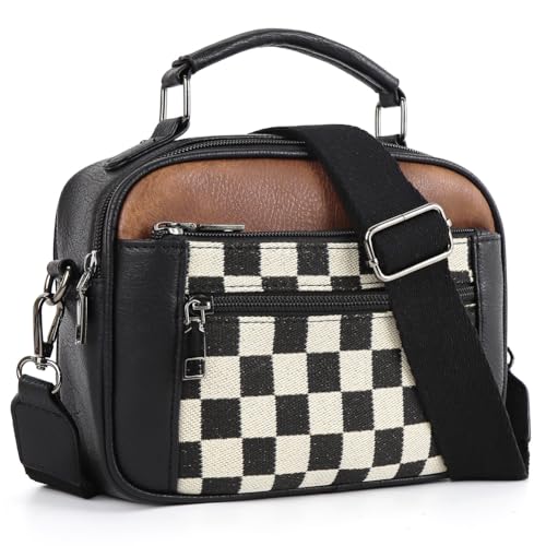 GSenhui Checkered Crossbody Bag Damen Karierte Umhängetasche Frauen mit Reißverschluss Schachbrettmuster Schultertasche PU Leder Kariert Handtasche Schwarz von GSenhui