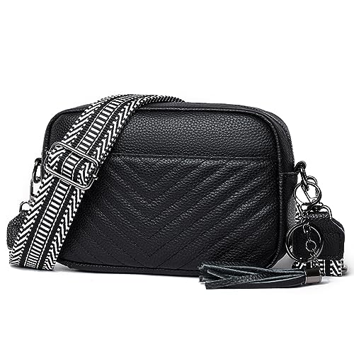 GSenhui Crossbody Bag Damen Echtes Leder Klein Umhängetasche Quaste Moderne Taschen mit Breitem Schultergurt und Einstellbarem Gurt 3 Fächern Schultertaschen für Damen Geldbörse von GSenhui