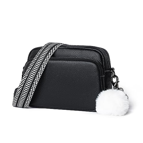 GSenhui Crossbody Bag Damen Echtes Leder Moderne Taschen mit Breitem Schultergurt Haarball Umhängetasche Damen Klein Schultertasche mit 3 Fächern Schwarz von GSenhui