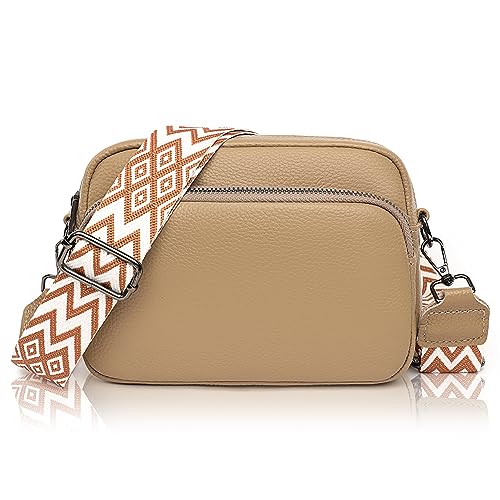 GSenhui Crossbody Bag Damen Echtes Leder Kleine Umhängetasche mit Breitem Gurt Reißverschluss und Abnehmbar Schultergurt Handytasche Zum Umhängen Frauen Schwarz von GSenhui