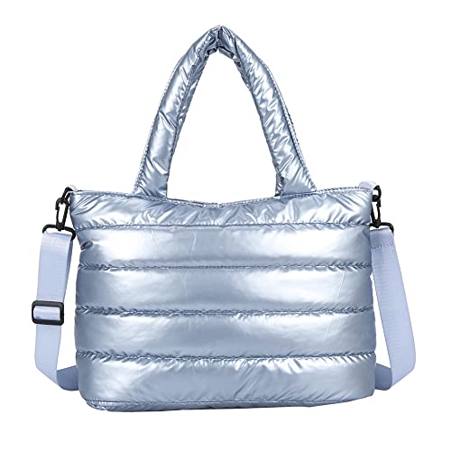 GSenhui Flauschige Handtasche Damen Umhängetasche, Baumwolle Nylon Große Tote Bag, Stepptasche Shopper Gesteppte Tasche Damen, Einfarbig Crossbody Bag Damen breiter gurt für Arbeit Reisen Schule von GSenhui