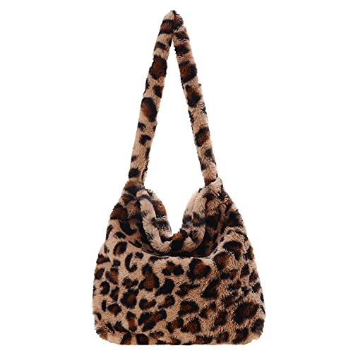 Damen Plüsch Handtasche, Große Kapazität Flauschige Tasche, Kunstfell Schultertasche Einkaufstasche mit Magnetschnalle für Uni Arbeit Mädchen Schule( Khaki-Leopard) von GSenhui