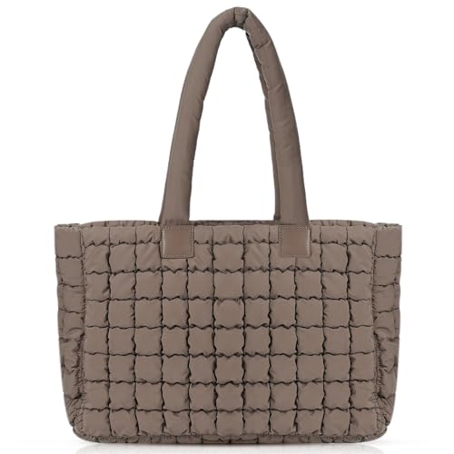 GSenhui Gesteppte Tragetasche Damen Baumwolle Tote Bag mit Top Griff und Kleine Geldbörse, Einfarbig Stepptasche Damen Shopper Handtasche Puffy Tote Bag Winter Taschen Beige von GSenhui