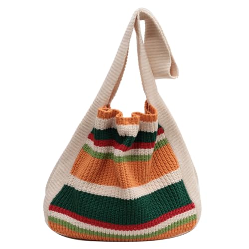 GSenhui Gestrickte Tasche Bunt Handtasche Damen Hobo Schultertasche Niedliche Tote Bag Aesthetic School Schulterbeutel Streifen Tragetasche für Unterwegs Strand von GSenhui