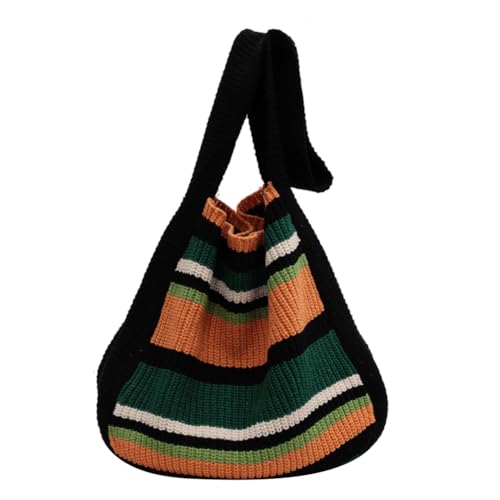 GSenhui Gestrickte Tasche Bunt Handtasche Damen Hobo Schultertasche Niedliche Tote Bag Aesthetic School Schulterbeutel Streifen Tragetasche für Unterwegs Strand von GSenhui