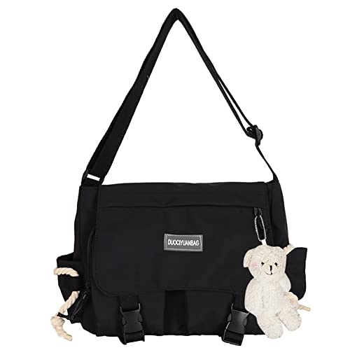 GSenhui Kawaii Schultasche mit Süßer Bär Anhänger, Canvas Tasche Damen Unisex, Umhängetasche Damen Crossbody Bag Damen Breiter Gurt mit Kawaii Deko für High School Arbeit Büro Reisen Einkaufen von GSenhui