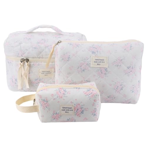 GSenhui Kosmetiktasche Damen Set 3 Stück Make-up Bag Aesthetic Kulturbeutel Frauen Tragbare Tasche Reisen Kulturtasche für Mädchen Cosmetic Bag Flowers 3PCS von GSenhui