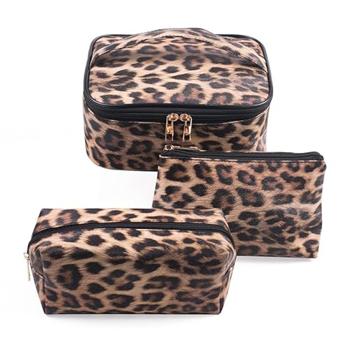 GSenhui Leo Kosmetiktasche Set Make Up Tasche Kulturtasche Damen Tragbare Schminktasche mit Leopardenmuster, Kulturbeutel Groß Waschtasche für Reisen von GSenhui