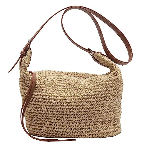 GSenhui Stroh Handtasche Damen Sommer Strandtasche Stroh Groß, Korbtaschen Damen Strohtasche mit Leder Schultergurt, Strohtaschen Böhmische Handgewebt,Geflochten Basttasche für Reisen Strand von GSenhui