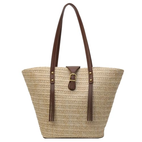 GSenhui Strohtasche Damen Flechttasche Stroh Handtasche Damen Groß Stroh Umhängetasche Sommer Shopper Korbtasche mit Hoch Leder Griff, Basttasche für Strand Reise Einkauf von GSenhui