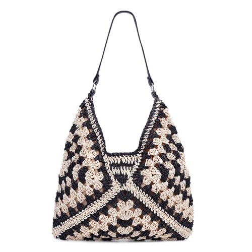 GSenhui Strohtasche Strandtaschen für Damen, Boho Stroh Schultertaschen, Stroh Handtasche Damen Basttasche Sommer Korbtaschen Stroh Mesh Tote Bag für Strand Pool Beruf von GSenhui