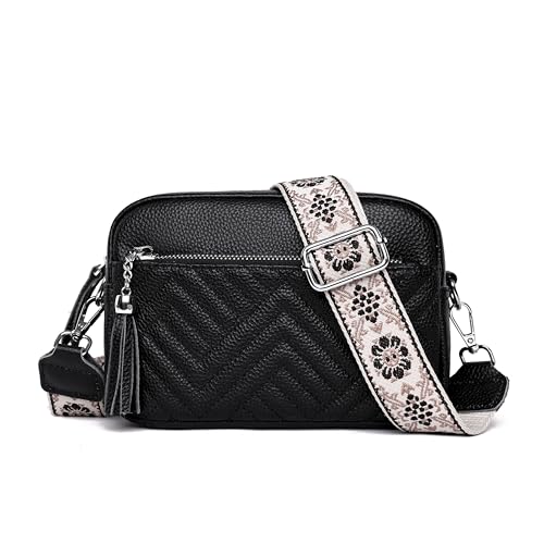 GSenhui Umhängetasche für Damen,Crossbody Bag Damen Breiter Gurt,Echtes Leder Moderne Tasche mit Vielen Fächern u Fransen, Gesteppte Schultertasche Handtasche Frauen von GSenhui