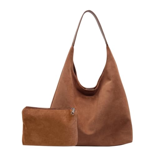 GSenhui Wildleder Hobo Bag Damen Slouchy Tote Bag Schultertasche mit Reißverschluss, Suede Handtasche Vintage Tragetasche Shopper Umhängetasche für Arbeit Reisen von GSenhui