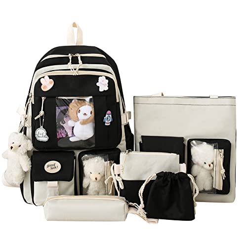 Kawaii Rucksack mit Niedlich Anhänger Zubehör, 5 Teiliges Kawaii Schulrucksack Set Mädchen, Schüler-Büchertasche Schöner Rucksack, Große Harajuku Segeltuch Schulranzen Schultasche Für Teenager von GSenhui