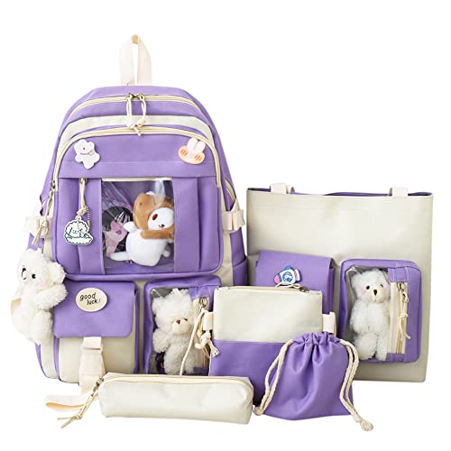 Kawaii Rucksack mit Niedlich Anhänger Zubehör, 5 Teiliges Kawaii Schulrucksack Set Mädchen, Schüler-Büchertasche Schöner Rucksack, Große Harajuku Segeltuch Schulranzen Schultasche Für Teenager von GSenhui