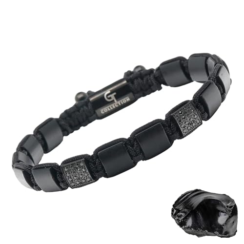 GT collection Flaches Perlenarmband, verstellbare Edelsteinarmbänder für Männer – Natursteinarmbänder – verstellbare Kordel & kraftvolle Edelsteine (Schwarz) von GT collection