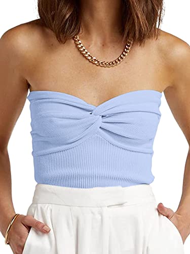 Damen Trägerloses Crop Top Sexy Sweetheart-Ausschnitt Gerippter Strick Twisted Knot Front Ärmellos Y2K CamisoleTanktop, Hell, blau, Mittel von GTETKDE