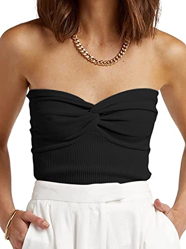 Damen Trägerloses Crop Top Sexy Sweetheart-Ausschnitt Gerippter Strick Twisted Knot Front Ärmellos Y2K CamisoleTanktop, Schwarz, Mittel von GTETKDE