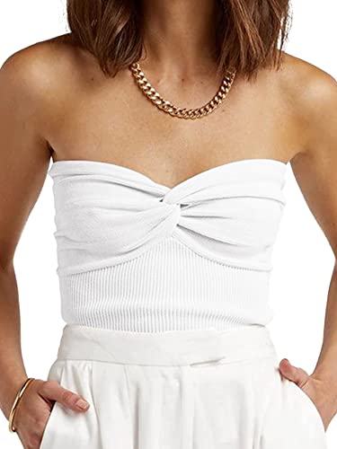 Damen Trägerloses Crop Top Sexy Sweetheart-Ausschnitt Gerippter Strick Twisted Knot Front Ärmellos Y2K CamisoleTanktop, Weiss/opulenter Garten, Groß von GTETKDE