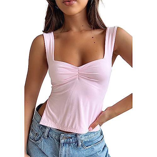 GTETKDE Damen Sexy Ärmellos Skinny Crop Tank Tops Riemchen Schlitze Plissee Bustier Sweetheart-Ausschnitt Rückenfrei Y2K Cropped Cami, Pink, X-Klein von GTETKDE