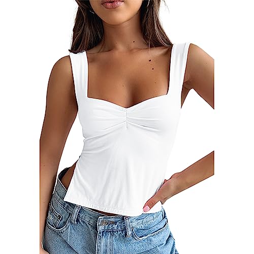 GTETKDE Damen Sexy Ärmellos Skinny Crop Tank Tops Riemchen Schlitze Plissee Bustier Sweetheart-Ausschnitt Rückenfrei Y2K Cropped Cami, Weiss/opulenter Garten, Klein von GTETKDE