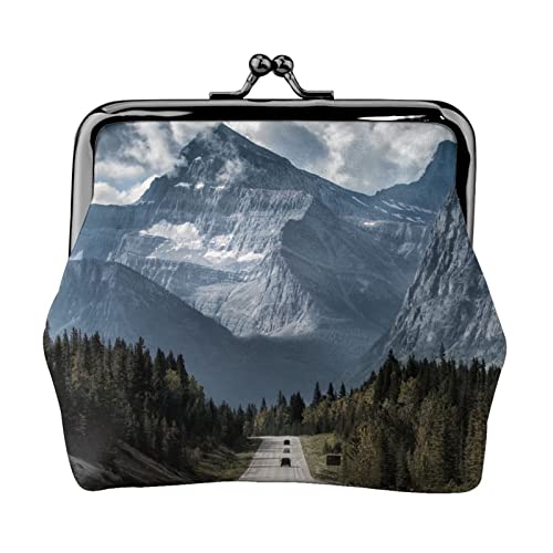 Berglandschaft voll doppelseitig bedrucktes Muster Damen und Mädchen Mode Leder Kiss Lock Münzbörse Kartentasche, Schwarz , Einheitsgröße, Kartenhalter von GTGHYLHA