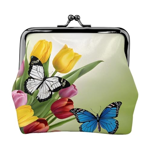 Blauer Schmetterling und Blumen voll doppelseitig bedrucktes Muster Damen und Mädchen Mode Leder Kiss Lock Münzbörse Kartentasche, Schwarz , Einheitsgröße, Kartenhalter von GTGHYLHA