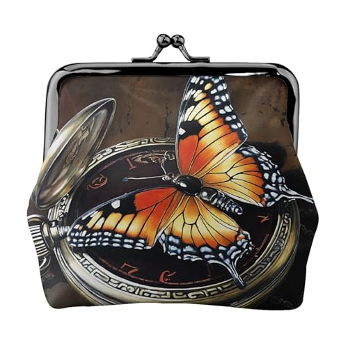 Butterfly Clocks Full Double Sided Printed Pattern Damen und Mädchen Mode Leder Kiss Lock Münzbörse Kartentasche, Schwarz , Einheitsgröße, Kartenhalter von GTGHYLHA