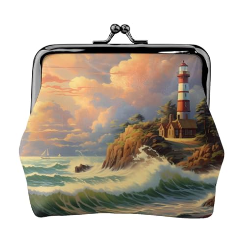 Coast Wave and House Full Double-Sided Printed Pattern Damen und Mädchen Mode Leder Kiss Lock Coin Purse Card Bag, Schwarz , Einheitsgröße, Kartenhalter von GTGHYLHA