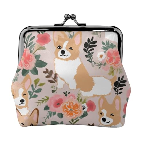 Corgi Floral Flowers Full Double-Sided Printed Pattern Damen und Mädchen Mode Leder Kiss Lock Münzbörse Kartentasche, Schwarz , Einheitsgröße, Kartenhalter von GTGHYLHA