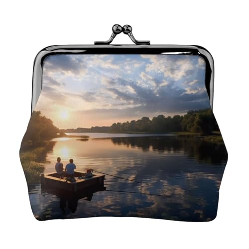 Fishing Scenic Full Double Sided Printed Pattern Damen und Mädchen Mode Leder Kiss Lock Münzgeldbörse Kartentasche, Schwarz , Einheitsgröße, Kartenhalter von GTGHYLHA
