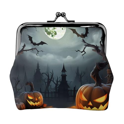 Halloween Mond Fledermaus Kürbis voll doppelseitig bedrucktes Muster Damen und Mädchen Mode Leder Kiss Lock Münzbörse Kartentasche, Schwarz , Einheitsgröße, Kartenhalter von GTGHYLHA