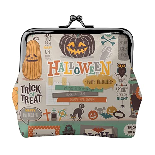 Halloween Scrapbook Full Double Sided Printed Pattern Damen und Mädchen Mode Leder Kiss Lock Münzbörse Kartentasche, Schwarz , Einheitsgröße, Kartenhalter von GTGHYLHA