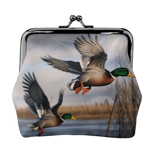 Jagd fliegende wilde Enten voll doppelseitig bedrucktes Muster Damen und Mädchen Mode Leder Kiss Lock Münzbörse Kartentasche, Schwarz , Einheitsgröße, Kartenhalter von GTGHYLHA