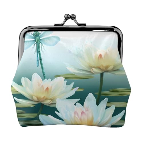 Libelle mit Seerose voll doppelseitig bedrucktes Muster Damen und Mädchen Mode Leder Kiss Lock Münzbörse Kartentasche, Schwarz , Einheitsgröße, Kartenhalter von GTGHYLHA