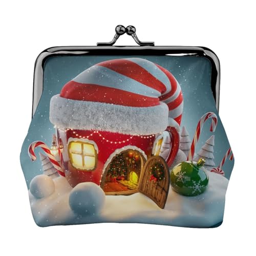 Merry Christmas Santa Hat Full Double Sided Printed Pattern Damen und Mädchen Mode Leder Kiss Lock Coin Purse Card Bag, Schwarz , Einheitsgröße, Kartenhalter von GTGHYLHA