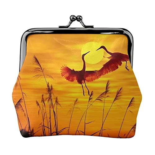 Pink Flamingo Sunset Full Double Side Printed Pattern Damen und Mädchen Mode Leder Kiss Lock Münzbörse Kartentasche, Schwarz , Einheitsgröße, Kartenhalter von GTGHYLHA