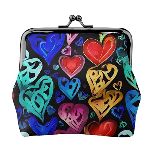 Rainbow Hearts Full Double-Sided Printed Pattern Damen und Mädchen Mode Leder Kiss Lock Münzbörse Kartentasche, Schwarz , Einheitsgröße, Kartenhalter von GTGHYLHA
