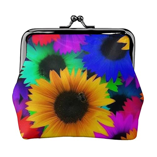 Rainbow Sunflower Full Double-Sided Printed Pattern Damen und Mädchen Mode Leder Kiss Lock Münzbörse Kartentasche, Schwarz , Einheitsgröße, Kartenhalter von GTGHYLHA