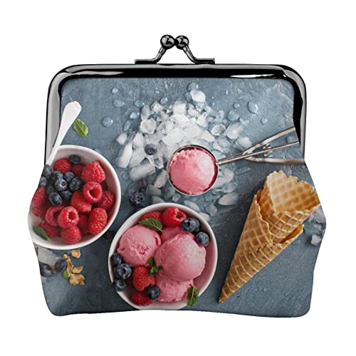 Raspberry Ice Cream Full Double-Sided Printed Pattern Damen und Mädchen Mode Leder Kiss Lock Coin Purse Card Bag, Schwarz , Einheitsgröße, Kartenhalter von GTGHYLHA