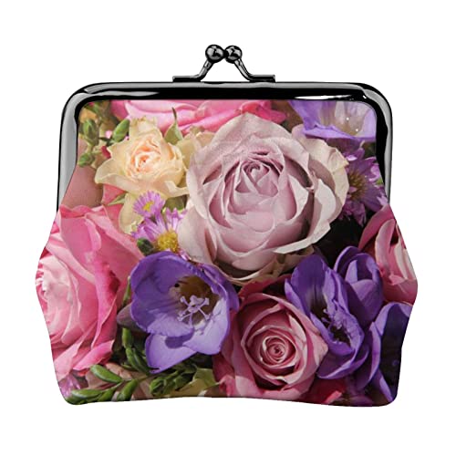 Rosa und Lila Blumen voll doppelseitig bedrucktes Muster Damen und Mädchen Mode Leder Kiss Lock Münzbörse Kartentasche, Schwarz , Einheitsgröße, Kartenhalter von GTGHYLHA