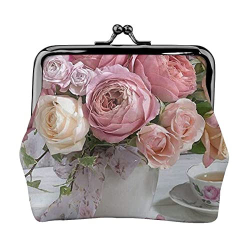 Rose Flower Full Double Sided Printed Pattern Damen und Mädchen Mode Leder Kiss Lock Münzbörse Kartentasche, Schwarz , Einheitsgröße, Kartenhalter von GTGHYLHA