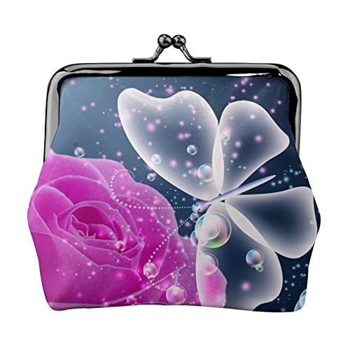 Rose und Schmetterling doppelseitig bedrucktes Muster Damen und Mädchen Mode Leder Kiss Lock Münzbörse Kartentasche, Schwarz , Einheitsgröße, Kartenhalter von GTGHYLHA