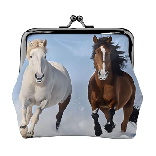 Schwarze und weiße Pferde laufen voll doppelseitig bedrucktes Muster Damen und Mädchen Mode Leder Kiss Lock Münzbörse Kartentasche, Schwarz , Einheitsgröße, Kartenhalter von GTGHYLHA